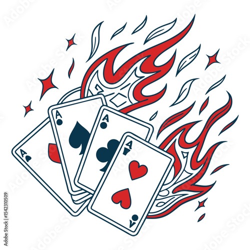 Old school tattoo style red flames surrounding playing cards and dice, featuring bold lines and vintage composition, evoking gambling and chance themes in classic retro design