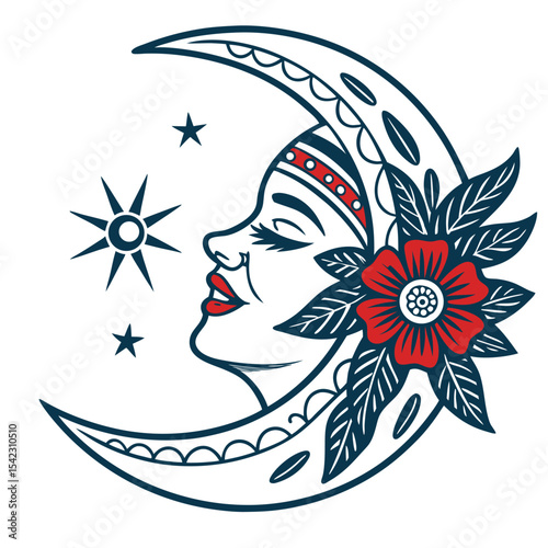 Old school tattoo style crescent moon framing woman's profile, decorated with red flower, headband, and stars, featuring bold lines and classic vintage composition