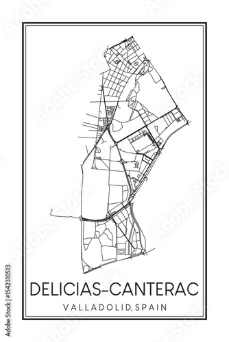 Hand drawn printable downtown road map poster of district DELICIAS-CANTERAC of the Spanish city of VALLADOLID on solid white background with city name