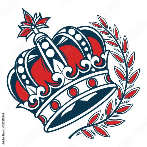 Red and black crown with laurel branch in bold old school tattoo style, thick outlines, limited color palette, solid fills, symbol of royalty, honor, classic vintage design