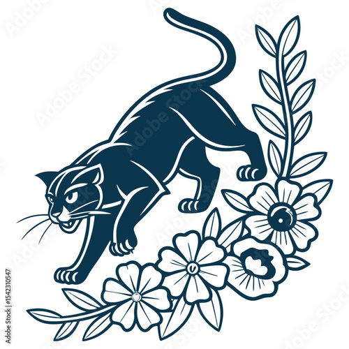 Retro black panther prowling over floral garland with bold lines, limited color palette, thick outlines, solid shading, traditional old school tattoo style, aggressive stance, vintage design