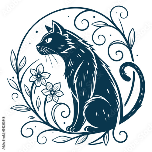 Retro black panther prowling over floral garland with bold lines, limited color palette, thick outlines, solid shading, traditional old school tattoo style, aggressive stance, vintage design