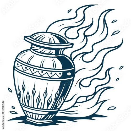 Classic Greek amphora with ornate patterns surrounded by stylized flames, rendered in bold old school tattoo style with heavy outlines and limited color palette