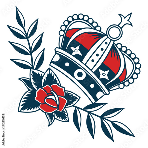 Red and black crown with laurel branch in bold old school tattoo style, thick outlines, limited color palette, solid fills, symbol of royalty, honor, classic vintage design