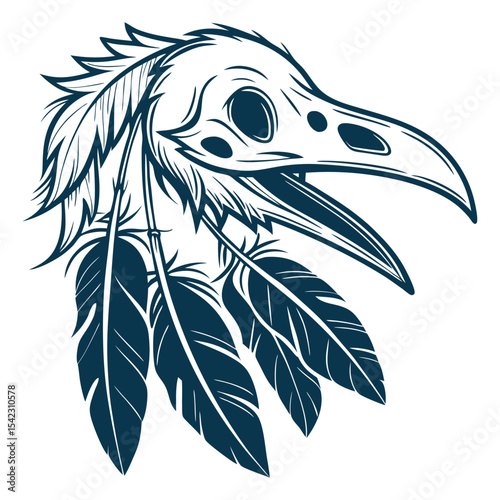 Vintage inspired crow skull vector drawing, featuring detailed feather texture and bold monochrome linework, designed in classic old school tattoo style with strong outlines and solid fills. photo