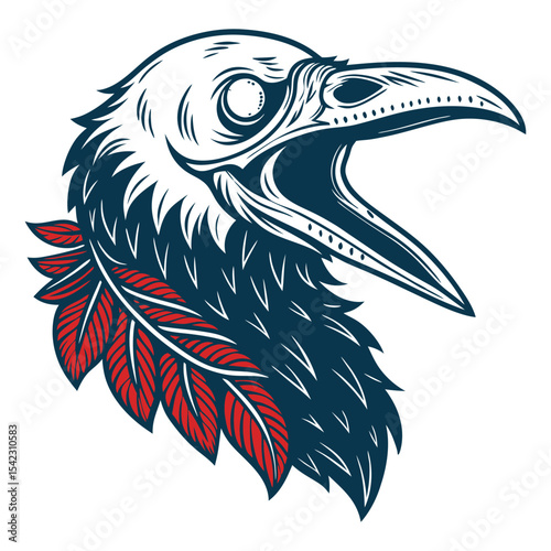 Raven head screaming in retro tattoo style, featuring bold outlines, detailed feather texture, sharp beak, designed with vintage old school tattoo aesthetics and solid black fills.