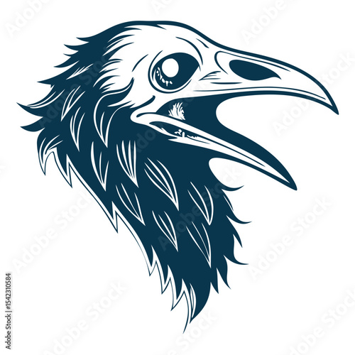 Raven head screaming in retro tattoo style, featuring bold outlines, detailed feather texture, sharp beak, designed with vintage old school tattoo aesthetics and solid black fills.