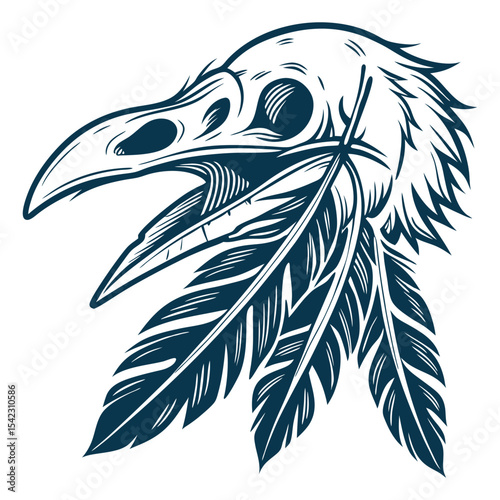 Vintage inspired crow skull vector drawing, featuring detailed feather texture and bold monochrome linework, designed in classic old school tattoo style with strong outlines and solid fills.