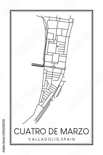 Hand drawn printable downtown road map poster of district CUATRO DE MARZO of the Spanish city of VALLADOLID on solid white background with city name