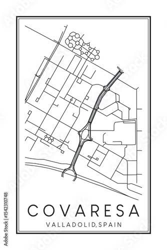 Hand drawn printable downtown road map poster of district COVARESA of the Spanish city of VALLADOLID on solid white background with city name