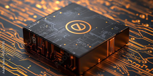 Glossy 3D A logo on circuit-textured electronic device packaging