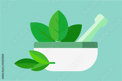fresh basil leaves in mortar and pestle