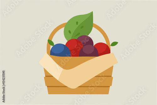  fresh berries in a wooden basket with linen cloth
