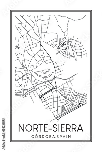 Hand drawn printable downtown road map poster of district NORTE-SIERRA of the Spanish city of CÓRDOBA on solid white background with city name