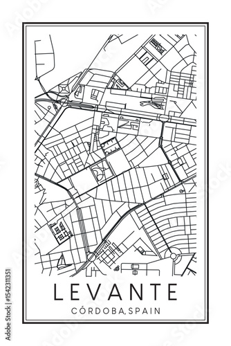 Hand drawn printable downtown road map poster of district LEVANTE of the Spanish city of CÓRDOBA on solid white background with city name