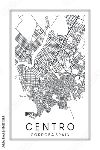 Hand drawn printable downtown road map poster of district CENTRO of the Spanish city of CÓRDOBA on solid white background with city name