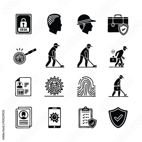 Biometric Security and Identity Vector Icon Set | Black Silhouette Line Icons | Editable Stroke | Person Identification, Fingerprint Scan, Passport, ID Card, Legal Paperwork and Verification Tools