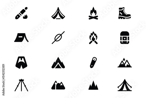 Camping and outdoor adventure icons black and white design