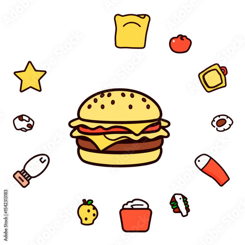 Cartoon Food Icons Hamburger and Snacks Vector
