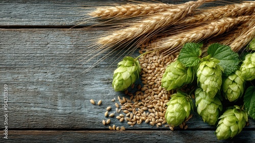 Hops, barley, and wheat are artistically arranged on a rustic wooden table, showcasing the core ingredients for beer brewing. The natural textures add warmth and authenticity to the composition.