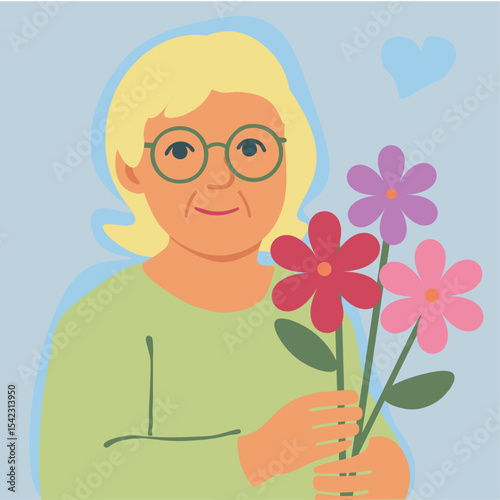 Elderly Woman with Flowers — Vector Portrait in Flat Style