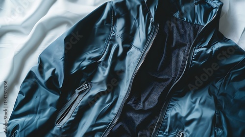 Close-up of a dark teal blue jacket.