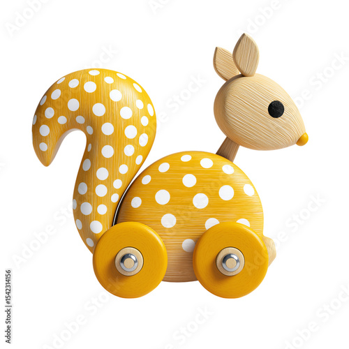 Wooden toy squirrel on wheels, yellow in color with white dots, side view, 3D rendering, isolated on a transparent background, PNG file.