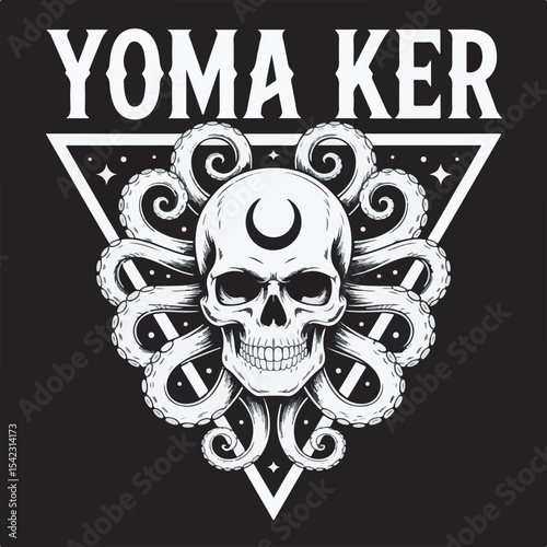 Black and White Skull with Octopus Tentacles in a Triangle Cosmic Design Yoma Ker vector