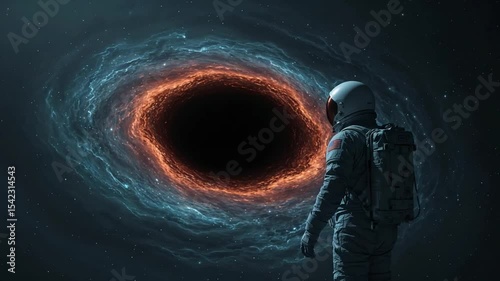 Astronaut Floating Near Massive Black Hole in Deep Space

