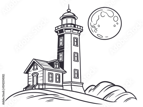 Lighthouse Tower at Night with Moon Behind