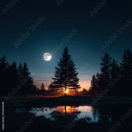 Silhouetted tree at night, moonlit forest
