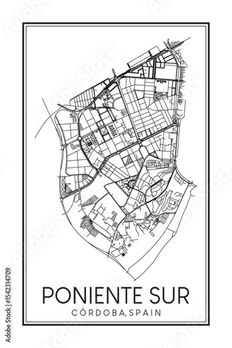 Hand drawn printable downtown road map poster of district PONIENTE SUR of the Spanish city of CÓRDOBA on solid white background with city name