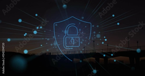 Glowing blue particles appearing drifting inward forming neon shield padlock showing security