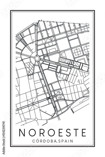 Hand drawn printable downtown road map poster of district NOROESTE of the Spanish city of CÓRDOBA on solid white background with city name