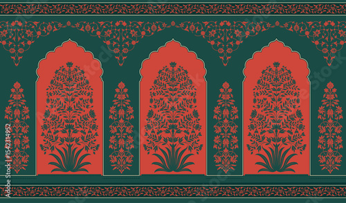 Traditional Mughal Floral Wall Motif Illustration. Decorative Mughal Flower Pattern for Classic Wall Painting. Antique Indian Mughal Floral Wall Art.