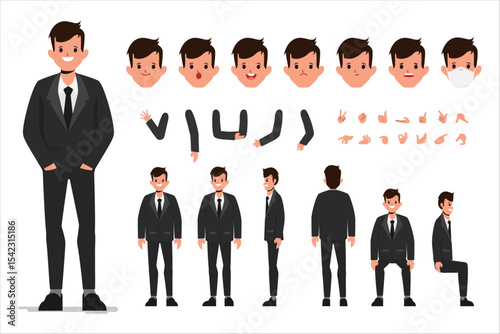 Businessman character in black suit constructor for different poses set of various mens faces.