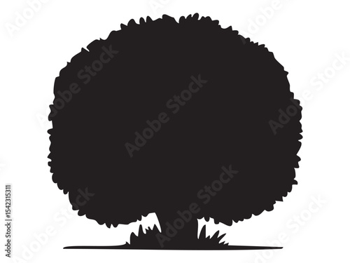 Black silhouette of a tree with dense foliage and grass at base on white background, graphic illustration. concept of nature, flora, garden, landscape, icon, design element