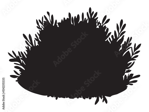 Black silhouette of bush with leaves, isolated on white background, nature illustration. concept of plant, garden element, decorative foliage, botanical design, greenery icon
