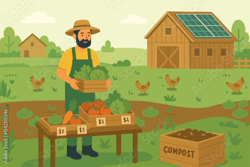 Support Local Farmers Eco Shopping with Fresh Vegetables. Sustainable Farm Market Set Flat Vector Elements of Eco Farm, Farmers, Compost, Chickens, and Organic Produce