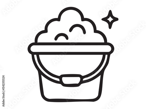 Black outline of cleaning tool icon featuring a soapy bucket, isolated on white background, graphic illustration. concept of cleaning, washing, sanitation, icon, design element.