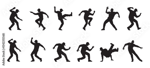 Black silhouettes of dancing men in energetic poses, isolated on white background, graphic illustration. concept of dance, movement, fun, design element, icon, breakdance, hip hop