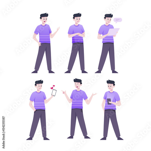 Man in violet shirt character poses