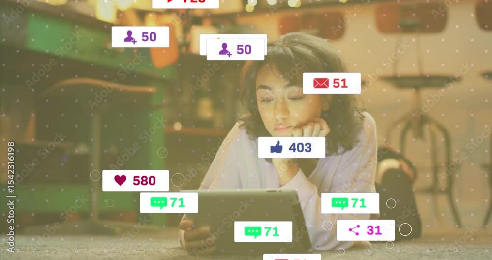 Popping Tablet woman scrolling tablet and tracking floating social media icons popping ...