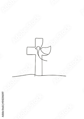 Single Line Art of Christian Cross with Peace Dove Symbolizing Faith, Hope, and Spirituality on Soft Minimalist Background