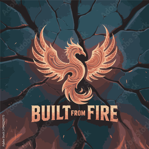 Fiery Orange Phoenix Bird Illustration Against Dark Cracked Rock Background Built From Fire Text Graphic Design