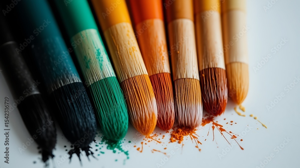 Fototapeta premium Closeup of colorful paintbrushes with paint splatter