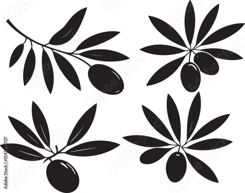 Elegant Silhouette Fruit Set Vector Olives in Four Poses - Whole, Pitted, Cut, and Top View - Perfect for Culinary Designs and Mediterranean Themes