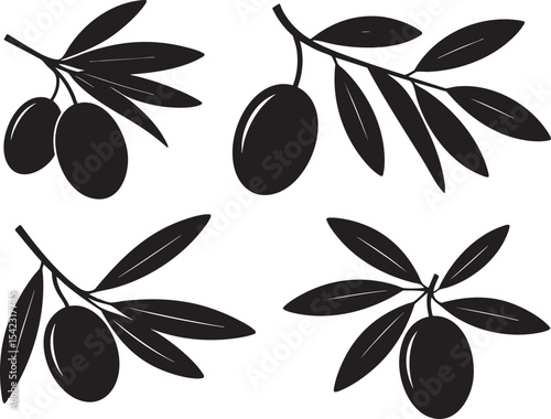 Versatile Silhouette Fruit Set Olive Branch Vector Graphics, Four Detailed Poses