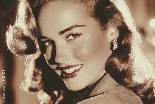 Portrait of a Smiling Woman with Wavy Hair and Red Lips