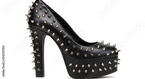 An edgy black platform high heel shoe is covered in silver-toned metal spikes, creating a bold, rebellious statement. 